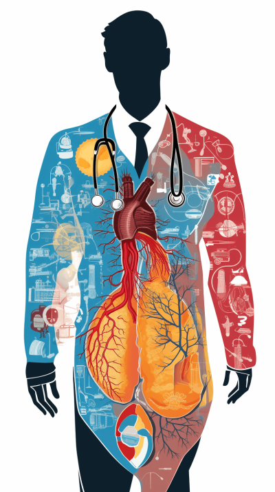 An illustration of the silhouette of an adult male doctor with a heart and dotted body, wearing medical attire, including a blue blazer jacket with a stethoscope around his neck and a red shirt underneath, surrounded by various icons representing medicine such as medians and symbols, all on a white background. The style is vector art, flat design, colorful, detailed, and professional in the style of medical illustration.