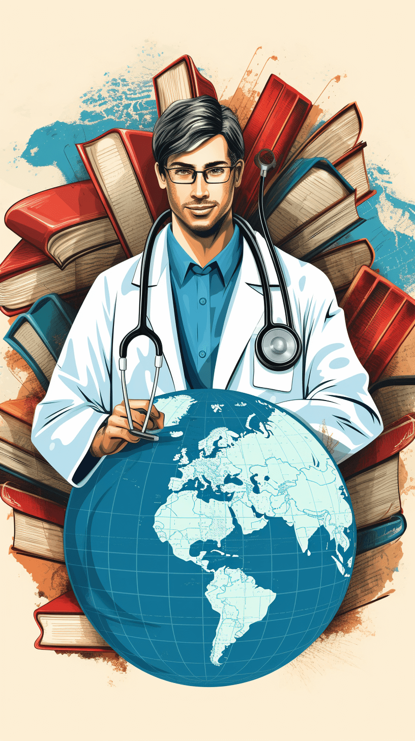 Illustration of doctor with stethoscope and books around the globe, representing global health education in the style of unknown artist.