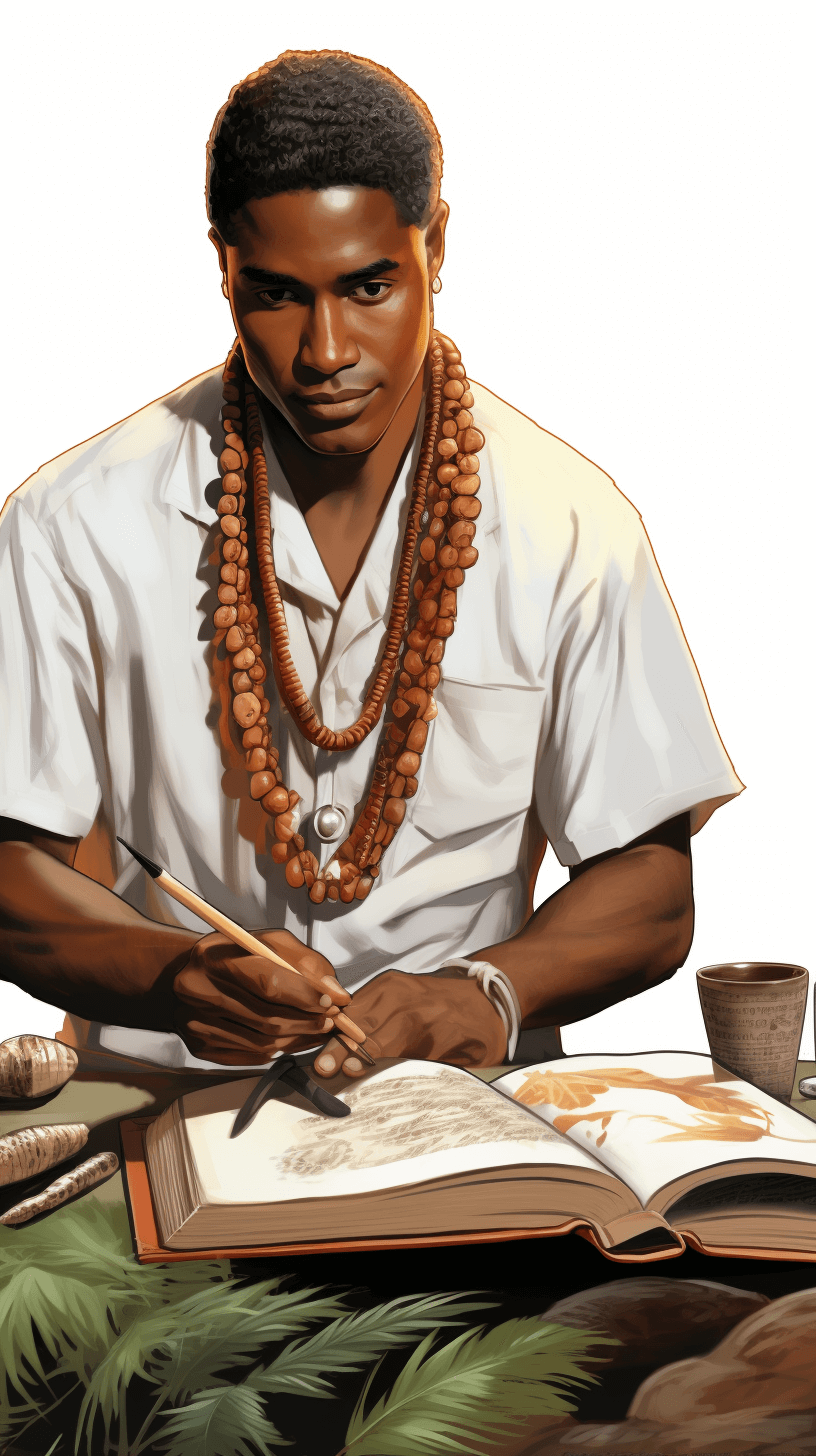 A realistic illustration of an African man wearing a white shirt and wooden necklaces, sitting at his desk writing in the style of Dofus comic book without a background. The focus is on him drawing in front of you. He has dark brown skin and short but wavy hair. There should be a large open sketchbook or journal lying before him filled with sketches of plants and creatures found nearby. In one hand he holds a pencil while using the other to turn pages of books scattered around.