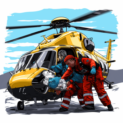 In the style of cartoon illustration, an emergency medical service team is loading one patient into their helicopter in a snowy icy environment. The crew members wear red uniforms with blue gloves on both hands, holding a white sheet to transport the patient inside a yellow and black chopper flying high above ground. They carry a large bag filled with blankets to transport him away from the scene. Vectorized flat design. Isolated vector illustration on a white background.