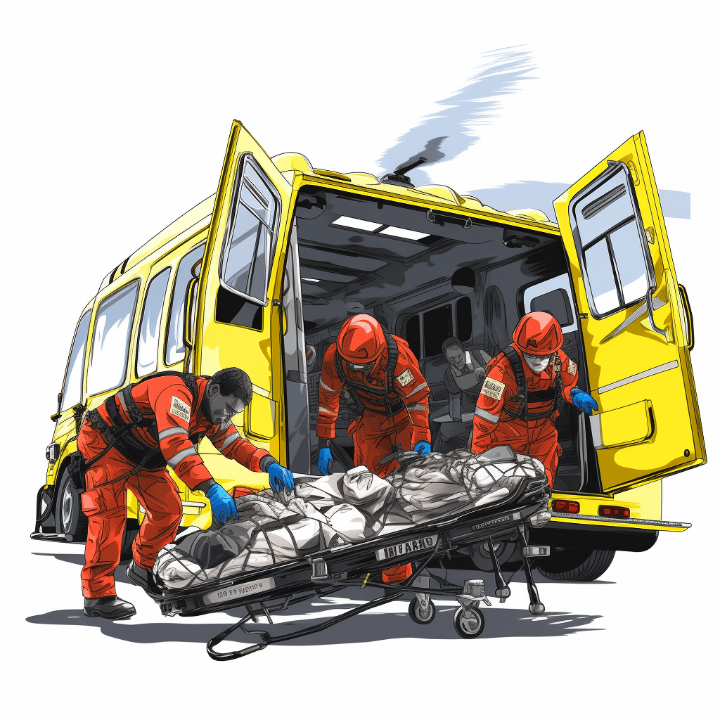 A team of paramedics is loading an emergency patient onto the long rectangular shaped gurney in front of a yellow ambulance van. They wear red suits and blue gloves with helmets in the style of Vector illustration. The background is white with high resolution, digital art and high detail color.