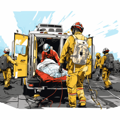 In the style of cartoonist [Bill Watterson](https://goo.gl/search?artist%20Bill%20Watterson), create an illustration showing first responders in costumes and vehicles from pre-modern times. An EMS team in yellow uniforms is loading a patient on a gurney into an ambulance from a base camp at a fire scene. In the background, other crew members wearing black backpacks stand around looking towards the ambulance. Another illustration could show a woman in an obstetrician's gown holding a baby, with a white background drawn in a vector art style.