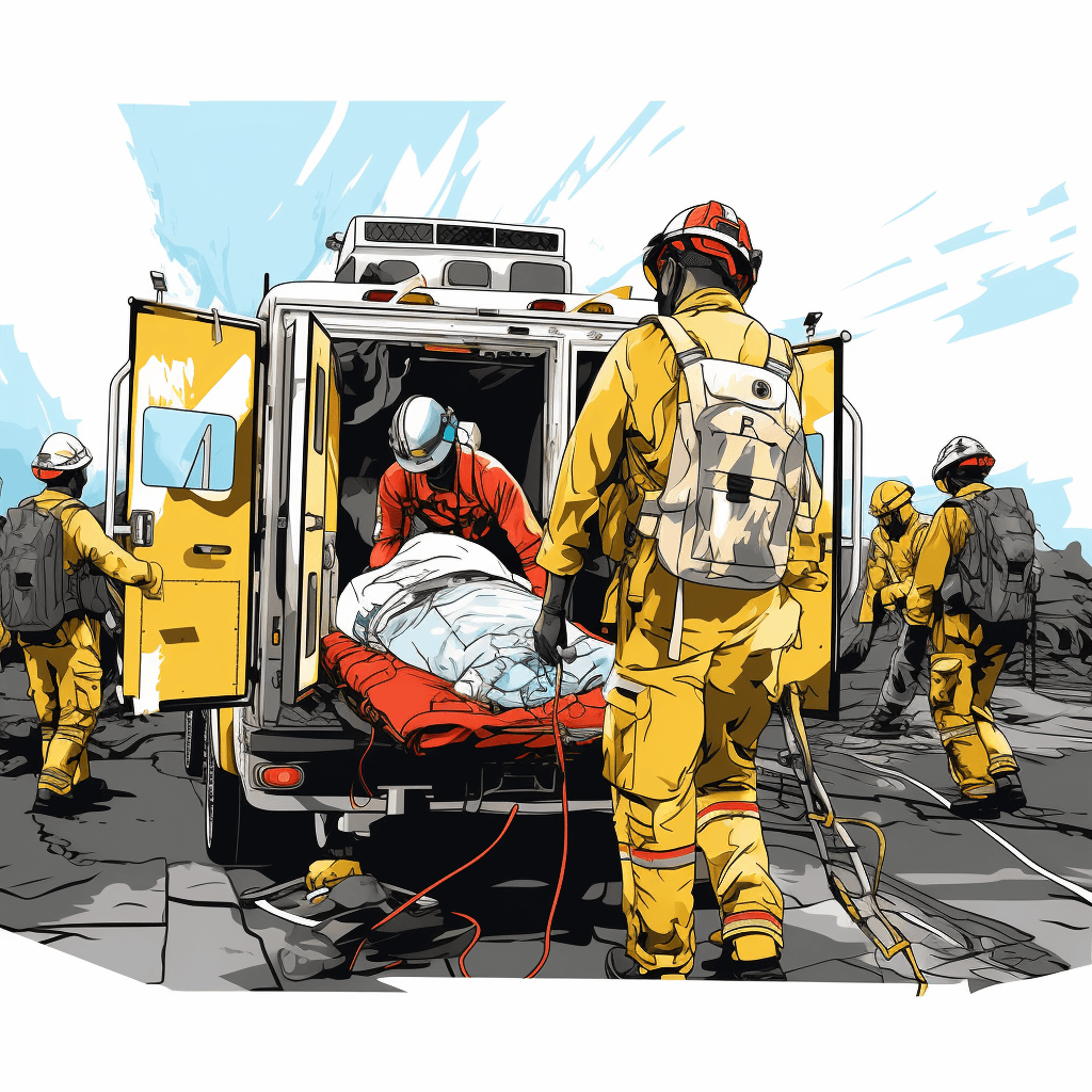 In the style of cartoonist [Bill Watterson](https://goo.gl/search?artist%20Bill%20Watterson), create an illustration showing first responders in costumes and vehicles from pre-modern times. An EMS team in yellow uniforms is loading a patient on a gurney into an ambulance from a base camp at a fire scene. In the background, other crew members wearing black backpacks stand around looking towards the ambulance. Another illustration could show a woman in an obstetrician’s gown holding a baby, with a white background drawn in a vector art style.