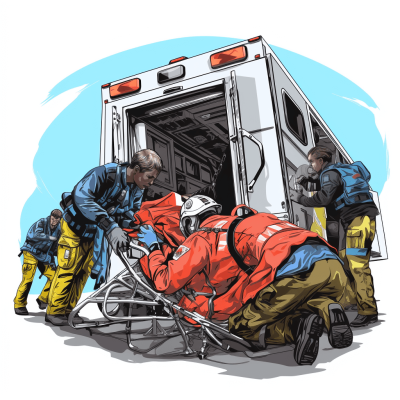 Illustration of paramedics loading the patient into an ambulance, with another person helping them in blue and red , white background, vector illustration style, cartoon, simple lines, no shadows on the ground, colorful, high resolution, with hyperrealistic details, in the style of professional lighting, in the style of professional photography, in the style of professional color grading, in the style of professional postprocessing, high definition