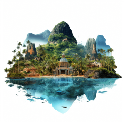 A realistic photo of an island with a jungle, white background, a small village in the center surrounded by water and palm trees, a large mountain on top of it with ruins from ancient times, an old temple made out of wood, the whole scene is reflected in blue waters, very detailed, high resolution, high quality, sharp focus, sharp details, hyperrealistic, photography, photorealism, masterpiece, artstation style