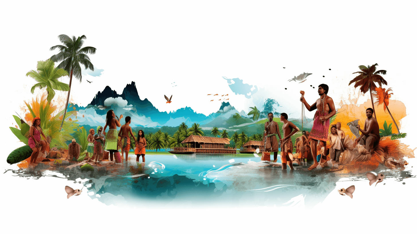 A vibrant illustration of the shore with some African and Polynesian people playing around. In front is an island surrounded by water with mountains. There is one house made of wood, tropical trees and palm trees. Watercolor style with a white background, clip art for print or collage in the style of tropical scenes.