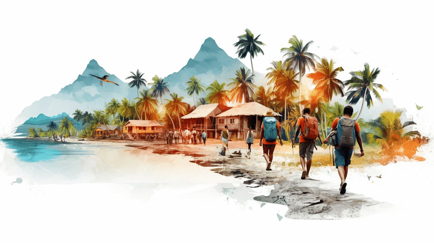 A group of young people walking along the beach in their sporty outfits, surrounded by palm trees and traditional houses on an island with mountains in the background. The watercolor illustration captures the essence of adventure travel to tropical beaches, with a white transparent background in the style of png cutout.