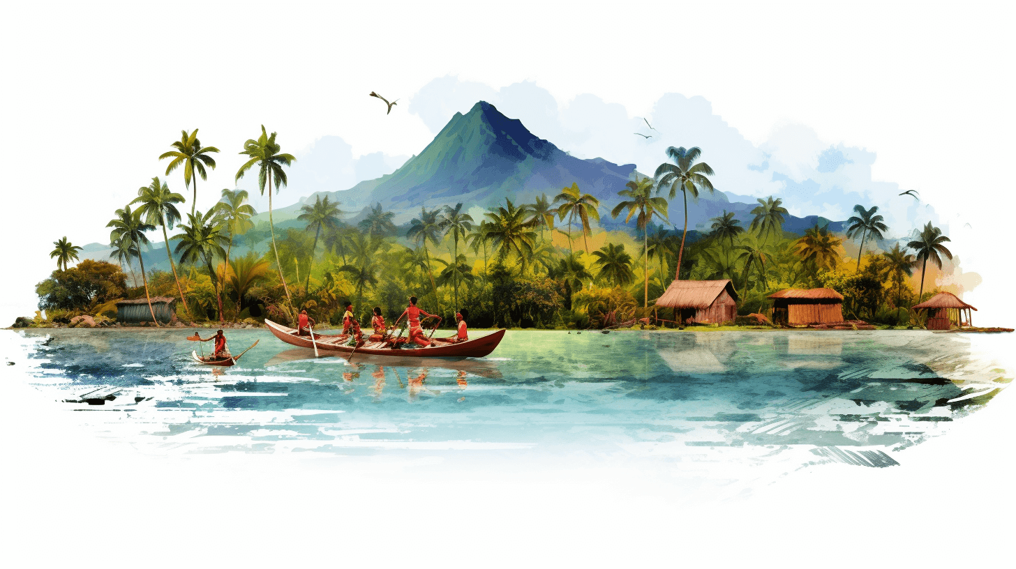 watercolor, clipart, white background, multiple people in canoes on the ocean with tropical island and mountain backdrop, coconut trees, traditional houses along shoreline,