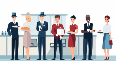 Stylish hotel staff in uniform serving guests in a vector flat illustration with a white background, in the cartoon style, with a simple design, bold lines, vector art, flat colors, simple lines, flat color, white background, white space between characters, several people standing and holding food plates to serve the guest at the front desk of a luxury office building, high resolution, high quality, high detail, sharp focus, no blur.