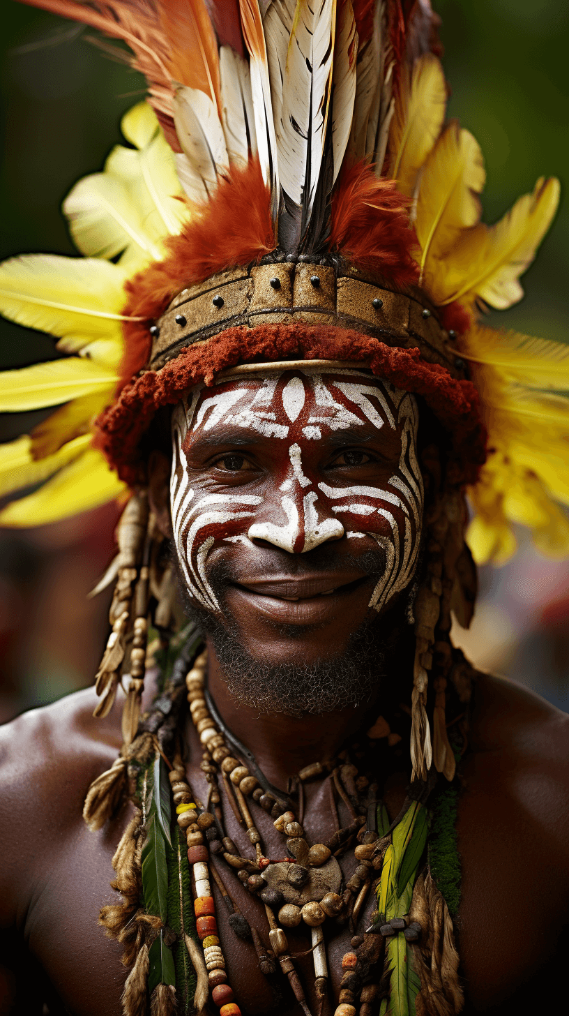 portrait of smiling man in traditional headdress and face paint, papua new guinea, national geographic photo. The portrait is in the style of a National Geographic photographer.