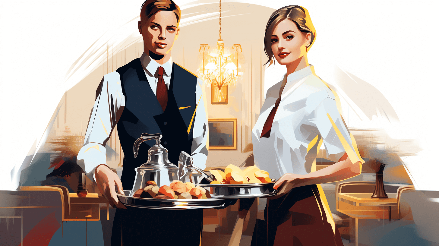 A vector illustration of two young people, a man and a woman, standing behind a hotel room service tray with food, in the style of a luxury interior background, with high resolution and high details, as a digital art piece.