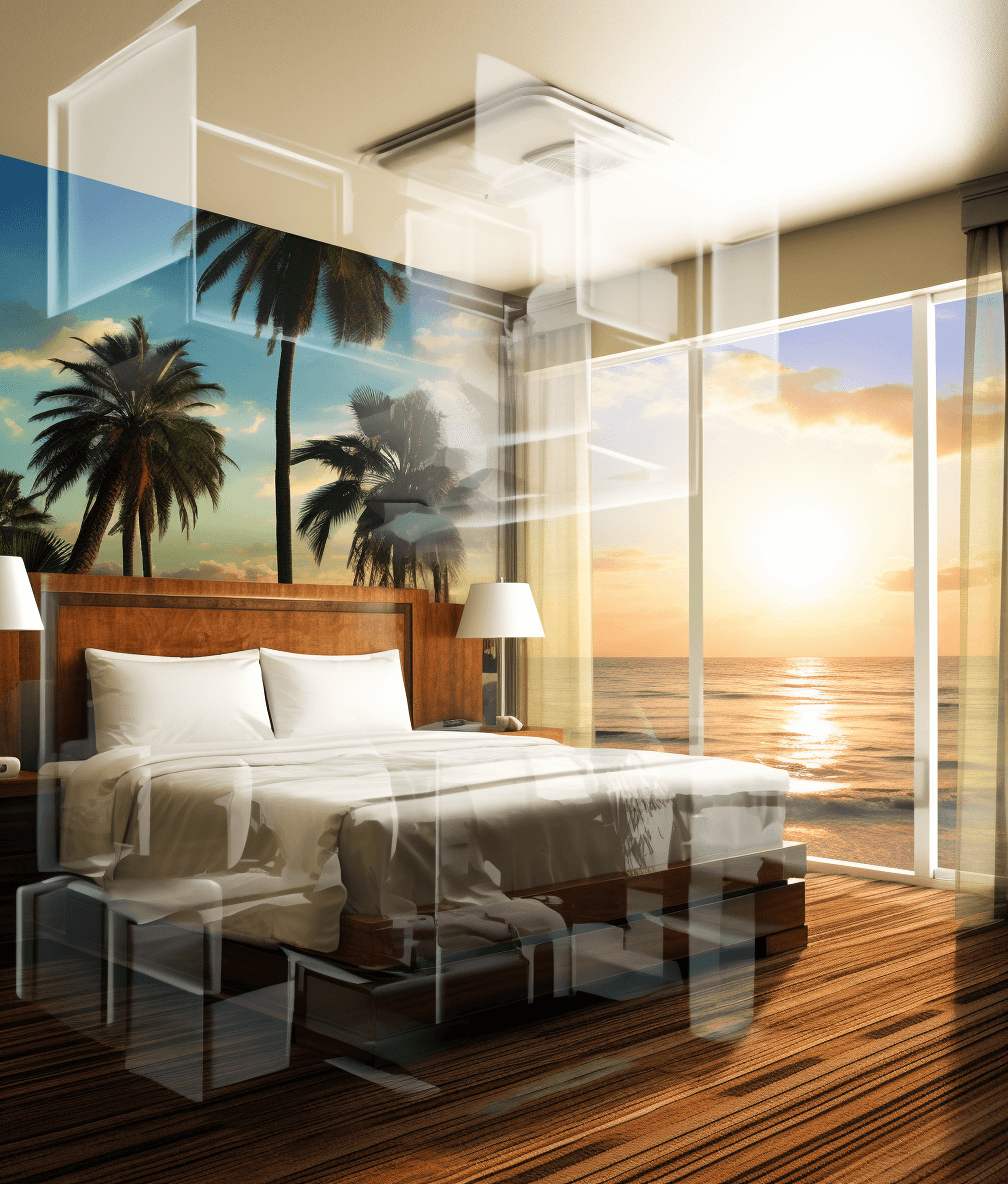 create a modern hotel bedroom with wooden floors and white walls, the window is open showing palm trees on beach at sunset, transparent glass cabinet in front of bed filled with black metallic cubes, digital art style, digital painting, high resolution