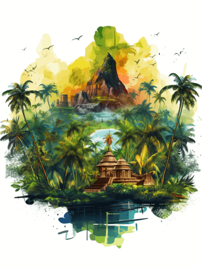 Illustration of an island with jungle and tropical house on a white background, tshirt design, fantasy world setting with a green, yellow, blue and orange palette in the style of watercolor, high resolution white background with no text in the center.