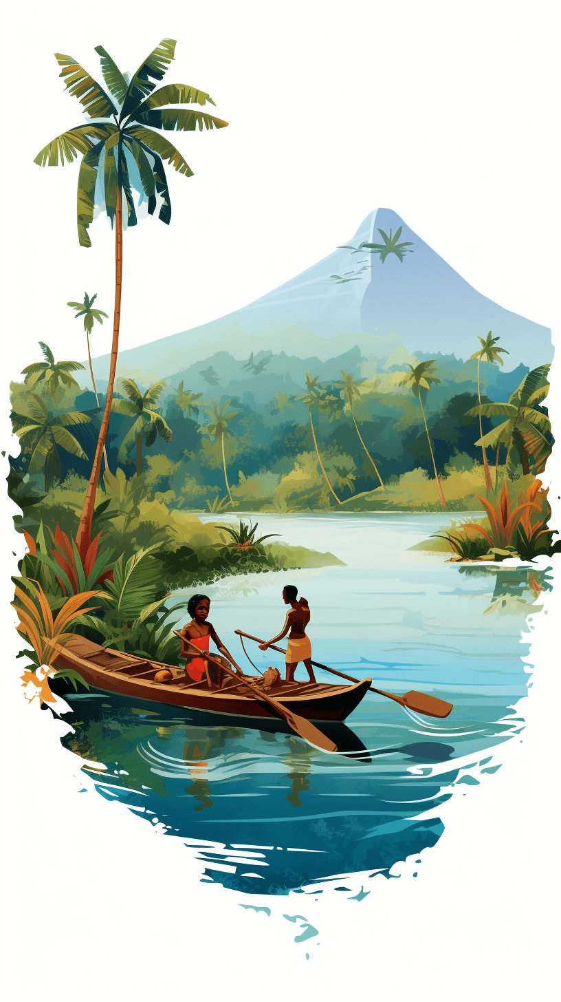 A vector illustration of two Polynesian people rowing on the river, tropical landscape with volcano in the background, in the style of Jonas Donnie, colorful poster design with a white background.