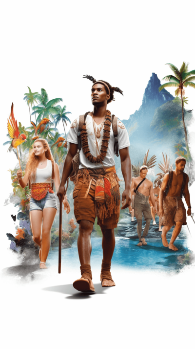 A movie poster for the film 'The alongside two beautiful women and an African man in traditional , walking along with hWIN standing on white background, jungle island, tropical landscape, fantasy creatures, tropical birds, palm trees, adventure , white background, hyper realistic, cinematic, full body shot, full frame