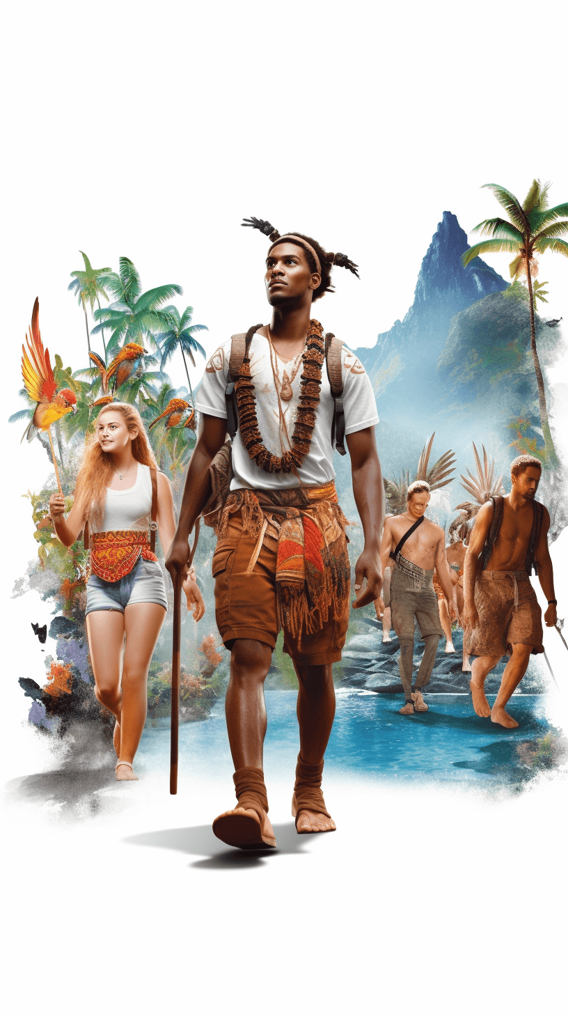 A movie poster for the film ‘The alongside two beautiful women and an African man in traditional , walking along with hWIN standing on white background, jungle island, tropical landscape, fantasy creatures, tropical birds, palm trees, adventure , white background, hyper realistic, cinematic, full body shot, full frame