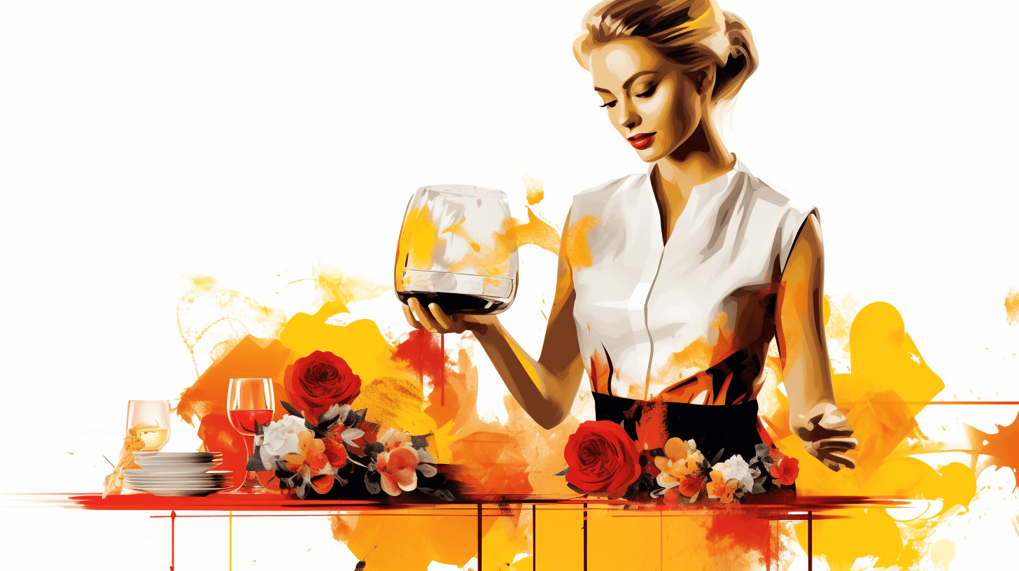 A beautiful female waitress holding a glass of wine, floral decorations on the table in front of her, with a white and orange color palette, in a digital illustration, in the flat design style of [Michael Garmash](https://goo.gl/search?artist%20Michael%20Garmash), using digital art techniques, with bright colors, on a white background, with an ultra realistic, high resolution style, vibrant colors, bold brush strokes, expressive lines, following a golden ratio composition, and the rule of thirds.