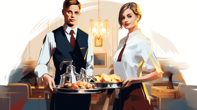 vector illustration of two waiters holding a tray with food and drink in a luxury hotel, one is a tall man wearing a white shirt and dark vest, the other is a woman with blonde hair in a blue dress, the elegant interior background has soft colors and stunning details in the style of professional photography with natural lighting and high resolution.