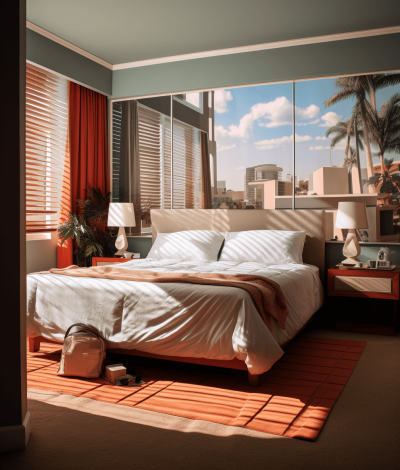 A hyperrealistic photo of an American hotel bedroom, the bed is made and there is a bag on it. The room has large windows with palm trees outside. It was taken during sunset in Miami, with warm tones and an orange carpet on the floor. The photo is in the style of a hyperrealistic artist.