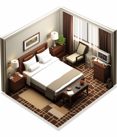 isometric hotel room, vector style, brown and white color scheme, 3d rendering, simple, high resolution, high details, high detail, high quality, high resolution, high resolution, high details, high contrast, high sharpness, high noise