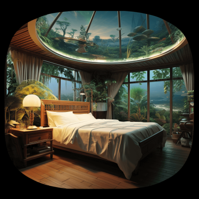 A bedroom with an indoor rainforest and fish tank in the ceiling, fisheye photography, science fiction style, surrealistic style, realistic photo quality, dark background, white sheets on bed, wooden floors, big windows,