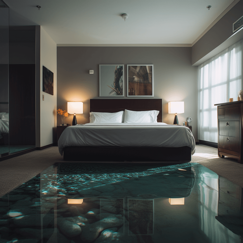 A modern hotel room with glass floor, bedroom bed and paintings on the wall, a pool of water under the ground, photo realistic, cinematic, sony film lens, depth of field