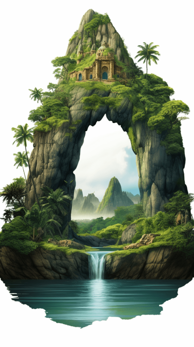 A fantasy island with an arch-shaped mountain, tropical vegetation and waterfalls on a white background. A small house is built in the middle of the rock structure, in the style of digital art illustration. Fantasy landscape with high resolution, sharp details, high contrast, sharp focus, sharp lines, in a hyper realistic style, hyper detailed style, high quality style, isolated object, isolated element.