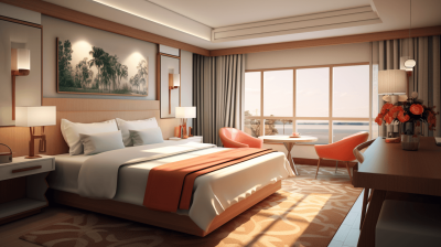 An interior rendering of a hotel room in the American style, featuring high-quality bed and desk furniture with orange accents, along with large windows overlooking a sea view. The design includes warm lighting to create a cozy atmosphere. It is located at Wencun beach in Shanghai's Pudong area. Rendered in the style of Vray for realistic rendering effects.