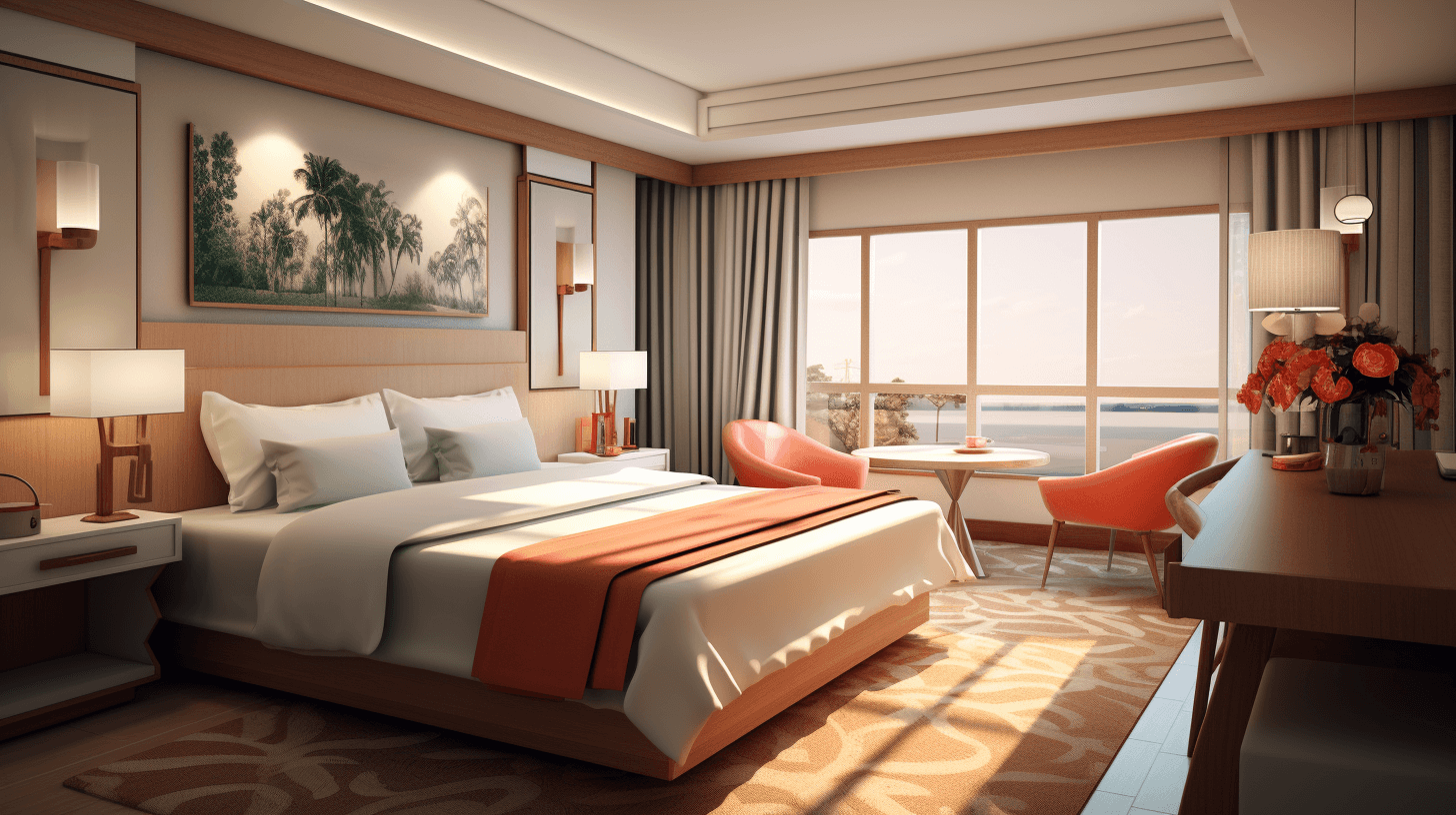 An interior rendering of a hotel room in the American style, featuring high-quality bed and desk furniture with orange accents, along with large windows overlooking a sea view. The design includes warm lighting to create a cozy atmosphere. It is located at Wencun beach in Shanghai’s Pudong area. Rendered in the style of Vray for realistic rendering effects.