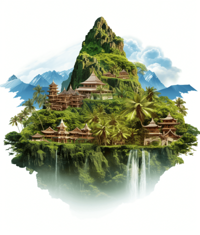 Design an illustration of a floating island with traditional Hmong architecture, palm trees and waterfalls on the mountain peak against a white background. The digital art should be high resolution, highly detailed with sharp focus and in the fantasy style of traditional Hmong architecture.