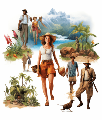 An illustration of a young woman in her mid-30s walking with her group through various tropical landscapes, accompanied by men and women dressed as explorers or jungle guides wearing white t-shirts and khaki pants. The background features scenes from their journey such as rivers, mountains, forests, palm trees, wild animals like parrots and monkeys and local people on boats. On one side is visible the beach where they have just arrived. Isolated vector art for clipart design on a transparent background, in the style of an explorer illustration.