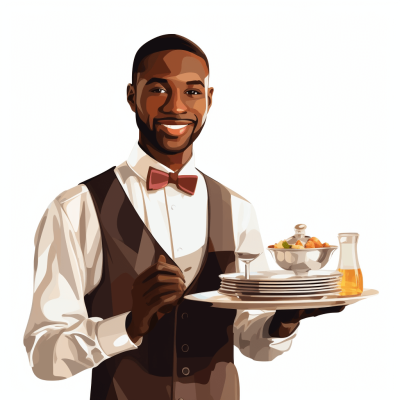 Vector illustration of smiling black man waiter holding tray with dish, white background, vector style, digital art by [WLOP](https://goo.gl/search?artist%20WLOP) and [Artgerm](https://goo.gl/search?artist%20Artgerm), minimalistic design, flat colors, detailed, digital art