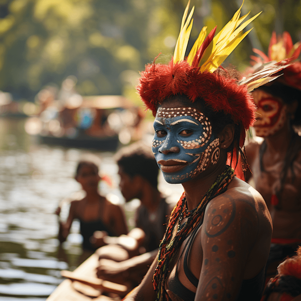 In the foreground, an Amazonian tribe is sitting in their boats and looking at the camera. The boy has face paint in blue with yellow dots around his eyes. He wears red feathers as headwear. In the background there are some people standing up to watch something far away from them. It looks like they gathered for cultural events. Shot in the style of Nikon D850 with a 2476mm f/3 piece lens, in a photojournalism style, shot using Fujifilm superia film.