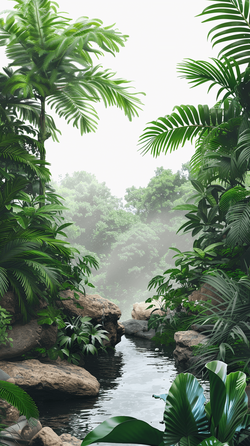 3d render of tropical rainforest with stream, white background, hyper realistic, green leaves, palm trees, rocks, foggy