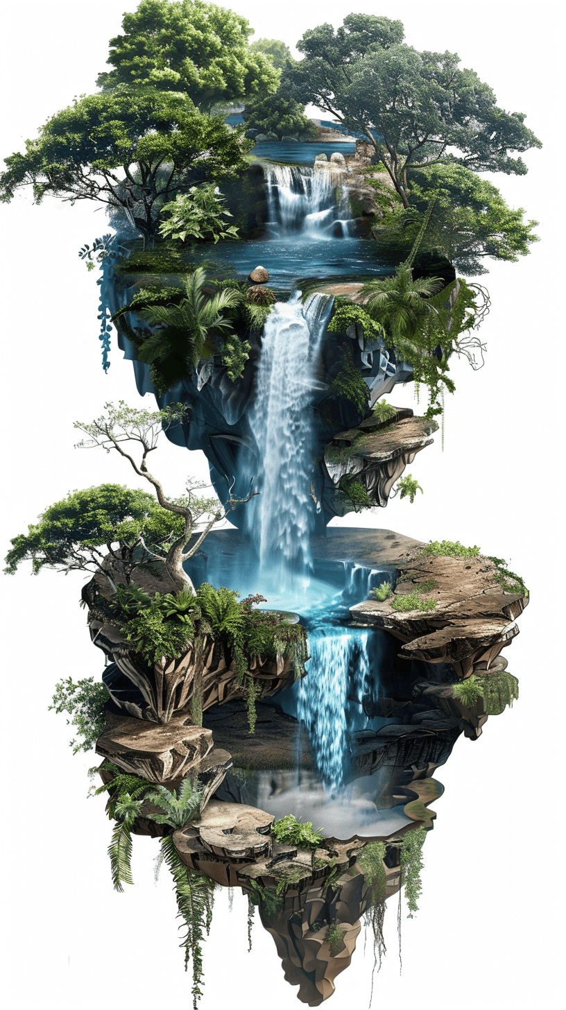 Design an enchanting floating island with cascading waterfalls, lush greenery, and hidden treasures. Focus on a serene scene with cascading waterfalls, lush greenery and hidden treasures on a floating island, in the style of digital airbrush art. Digital illustration in the hyperrealistic painting style. High resolution vector art.