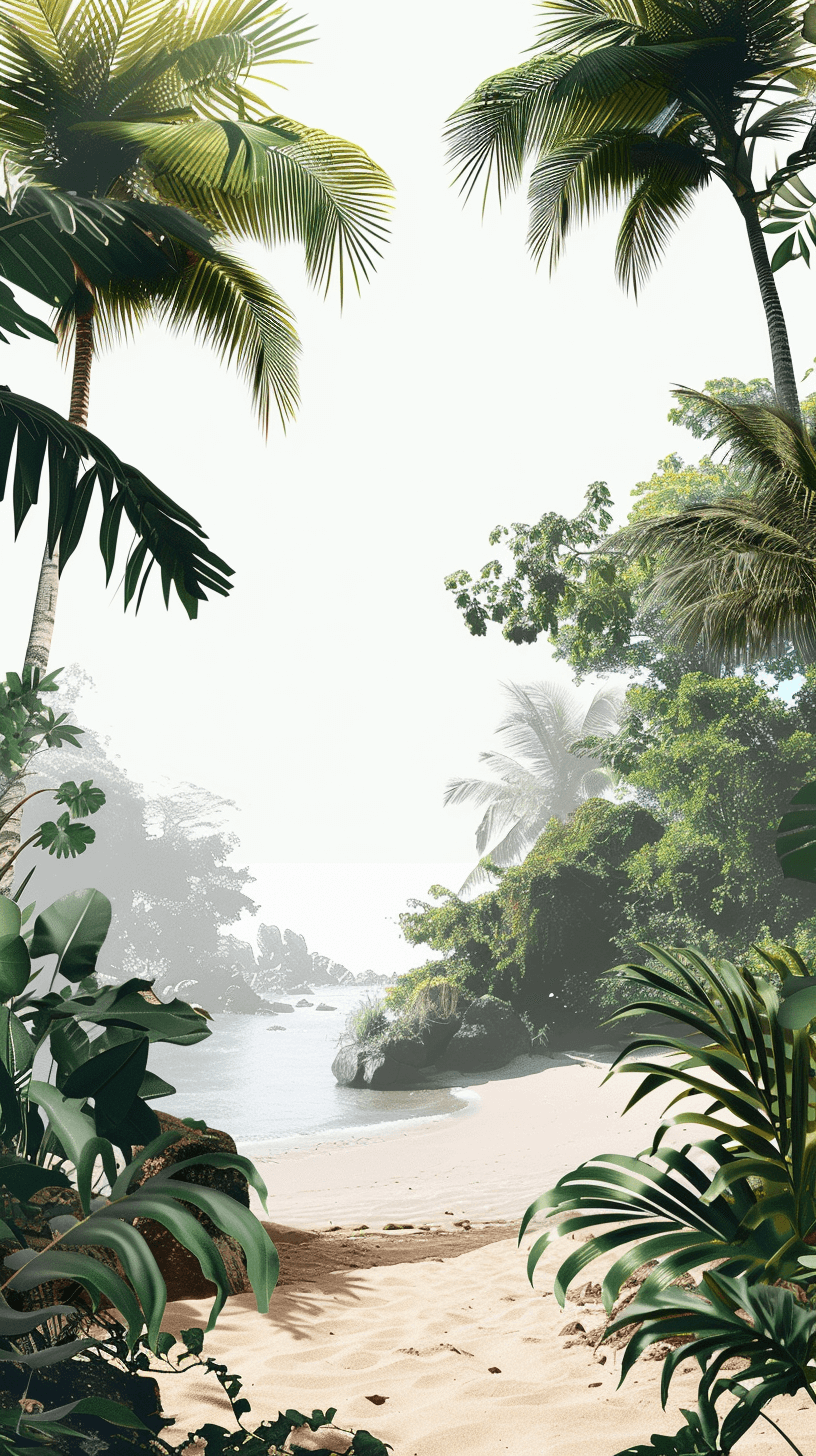 A white background with a beach and palm trees in the foreground, a dense jungle on one side, a misty atmosphere, hyperrealistic and flat illustrations in the style of vector art, bright green tones, light beige and dark brown colors, ultrahigh definition digital images with airbrushing technique at a high resolution.