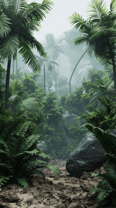 3D render, tropical jungle with rocks and foggy atmosphere, palm trees, ferns, Unreal Engine, hyper realistic, in the style of nature.