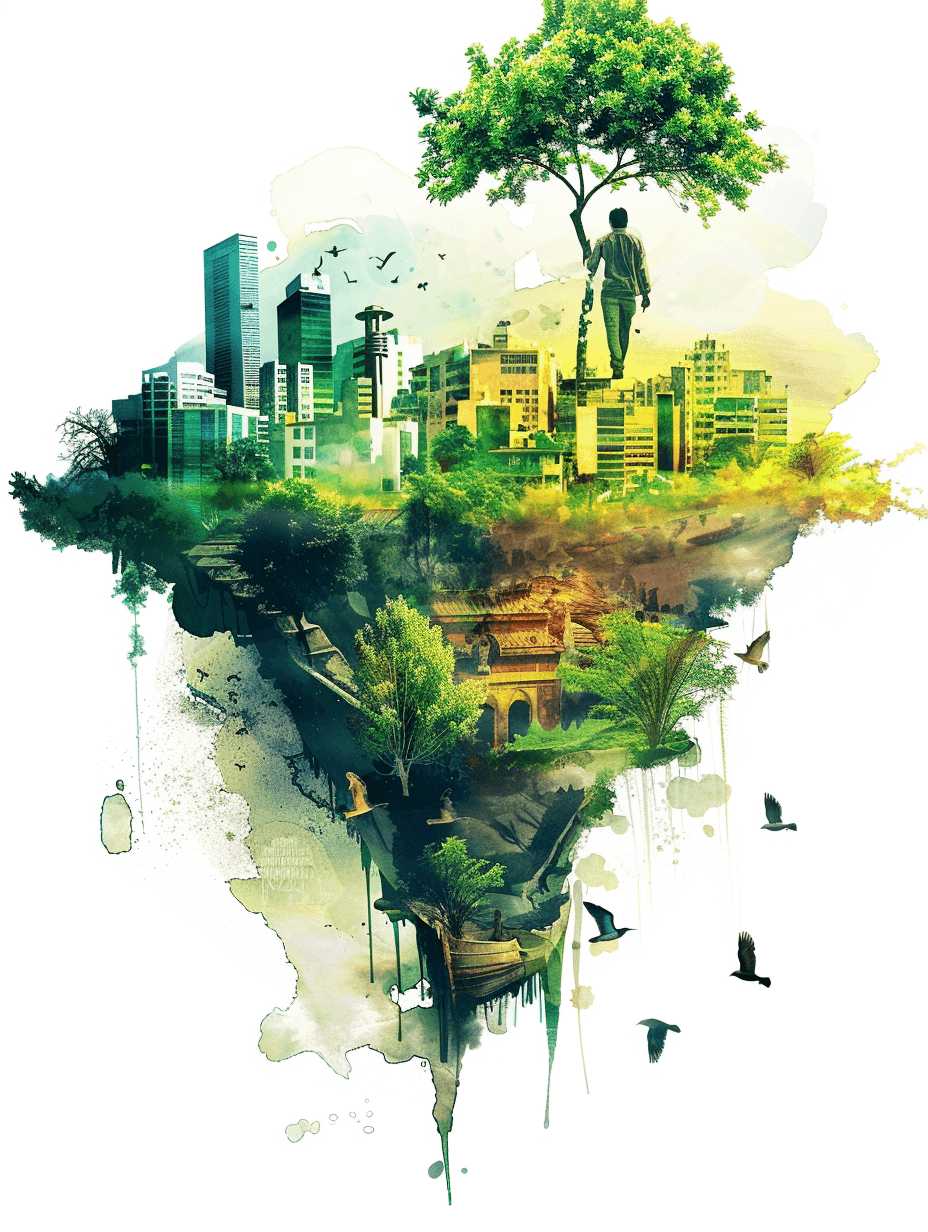 Surrealistic illustration of an island floating in the air, with buildings and greenery on one side, and nature elements like trees and animals around it. The person is standing tall holding onto tree branches to reach out towards another city in the style of watercolor splash effect for depth. White background.