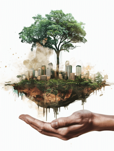 An illustration of an African hand holding a city, on a floating island with green trees and white buildings against a white background. The concept symbolizes environmental protection and World Wildlife Day, in the style of minimal editing to the original text.