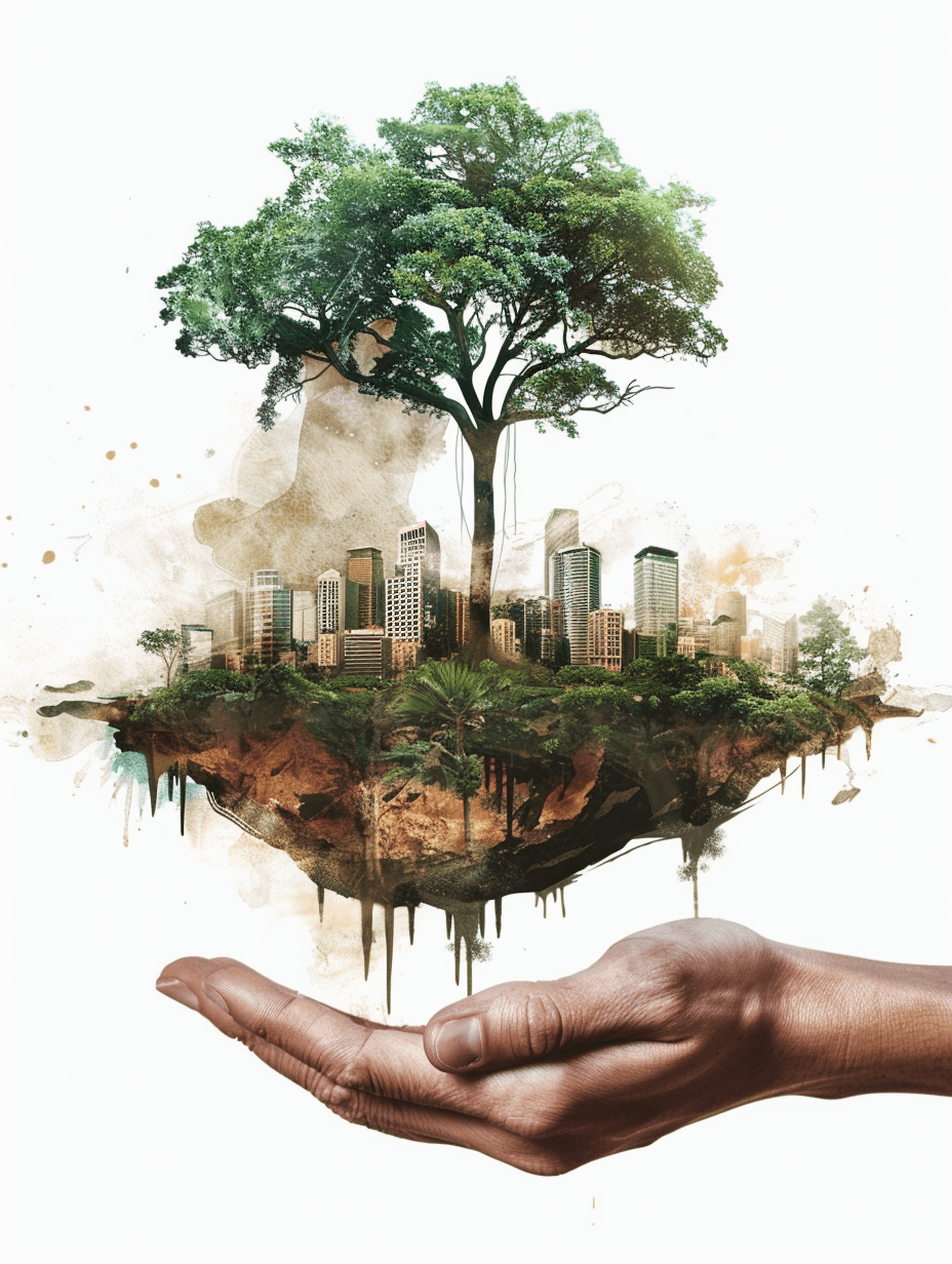 An illustration of an African hand holding a city, on a floating island with green trees and white buildings against a white background. The concept symbolizes environmental protection and World Wildlife Day, in the style of minimal editing to the original text.