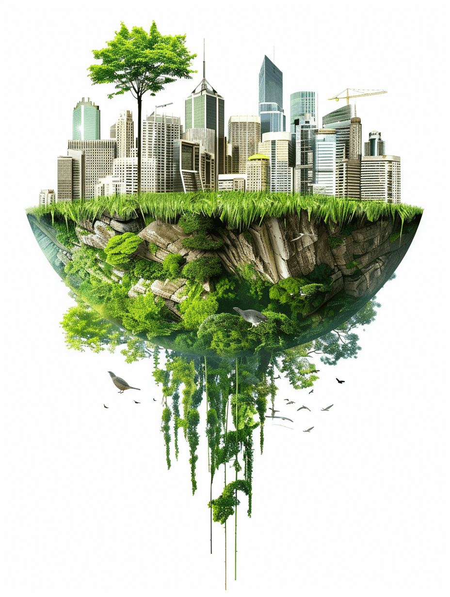 Surrealistic style, a floating island with a cityscape on top and lush greenery at the bottom, on a white background, water droplets flowing down from the edges of the sphere, skyscrapers visible in the urban scene. High resolution, high detail, sharp focus, intricate details, in the style of professional photography, sharp lighting, natural light, soft shadows, color grading, isolated on a white background.