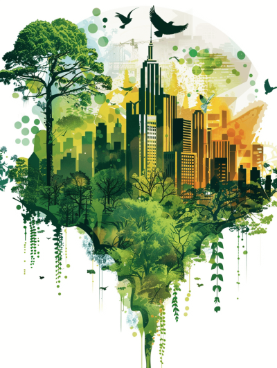 Surreal illustration of an urban cityscape with green trees and wildlife, set against the backdrop of Earth's silhouette., Isolated on white background