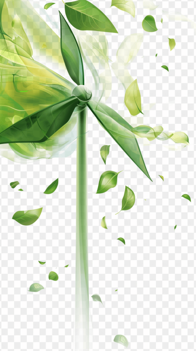 Illustration of a green wind turbine with flying leaves against a white background in PNG transparent format. The illustration is in the style of green wind turbine with flying leaves.