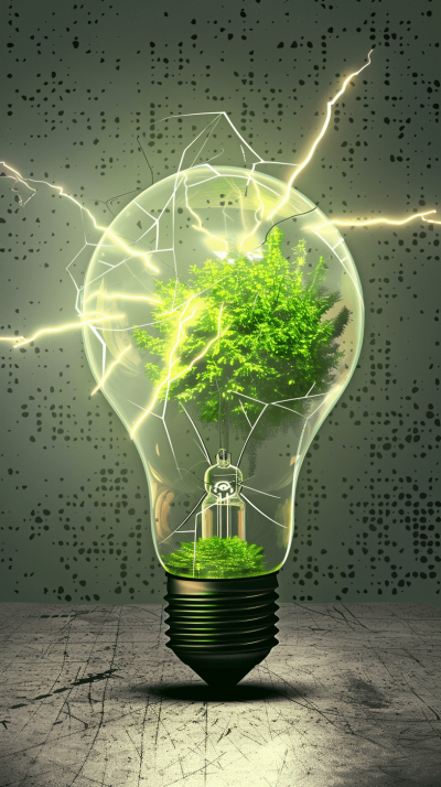 A light bulb with green tree inside, lightning and thunder in the background, futuristic style, digital art style, high resolution, high detail, high quality, high contrast, neutral tones, green accents, ecofriendly energy concept, high definition, high resolution