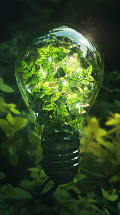 A light bulb with green leaves inside, illuminated by sunlight in the forest. The background is dark and blurred to emphasize the center of focus on the bulb. This scene symbolizes sustainable energy and environmental protection. It can be used as an ecofriendly poster or cover design. The photograph captures the scene in an ultrarealistic style with natural lighting and intricate details in high resolution using HDR and 3D rendering techniques.