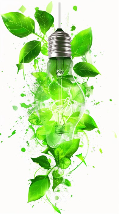 Ecofriendly energy concept with a light bulb made of green leaves isolated on a white background, vector illustration design for environment protection and sustainable development is the focus of environmental stock photo. This high-resolution photograph captures an eco section featuring power and energy. It features elements like leaves and paint splashes in front of it, creating an abstract representation of nature. The white background adds depth to the scene, enhancing visual appeal. Vector Illustration. White Background. In the style of Green Colorist.