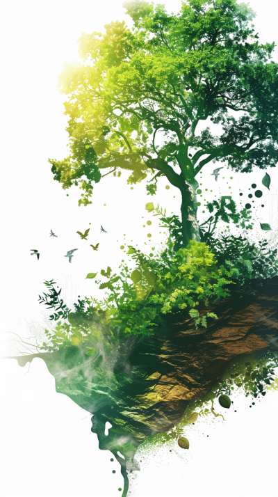 A digital illustration of an island made of trees and foliage. A person's face is reflected in the water beneath. Birds are flying around the trees. White background with bright green tones. The style is in the style of watercolor. Vector art with high resolution details. Shadows and sun rays with sunlight reflections. Soft colors isolated on a white background. PNG file with transparent background and cut out with a clipping path. Isolated to the edges.