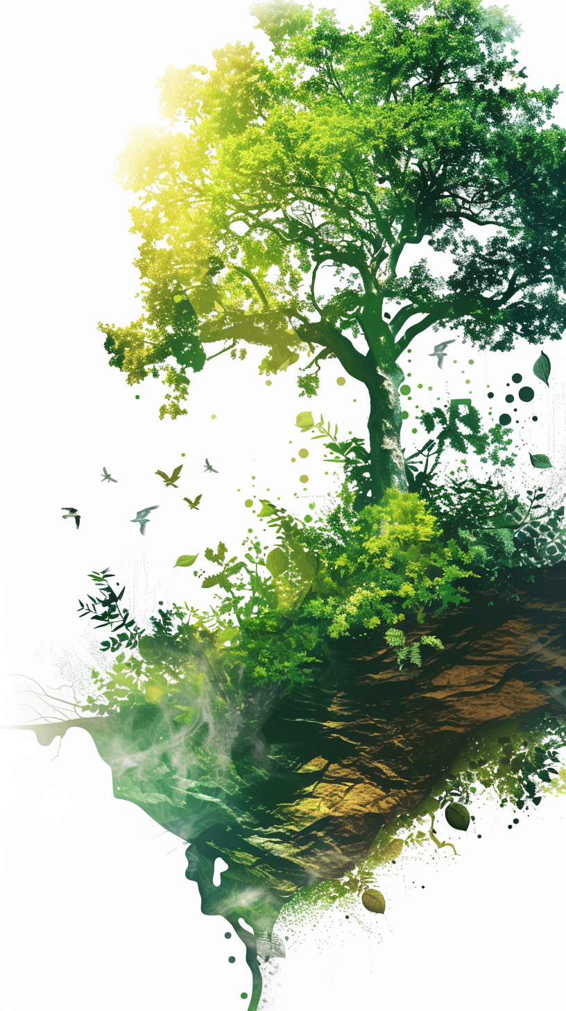 A digital illustration of an island made of trees and foliage. A person’s face is reflected in the water beneath. Birds are flying around the trees. White background with bright green tones. The style is in the style of watercolor. Vector art with high resolution details. Shadows and sun rays with sunlight reflections. Soft colors isolated on a white background. PNG file with transparent background and cut out with a clipping path. Isolated to the edges.