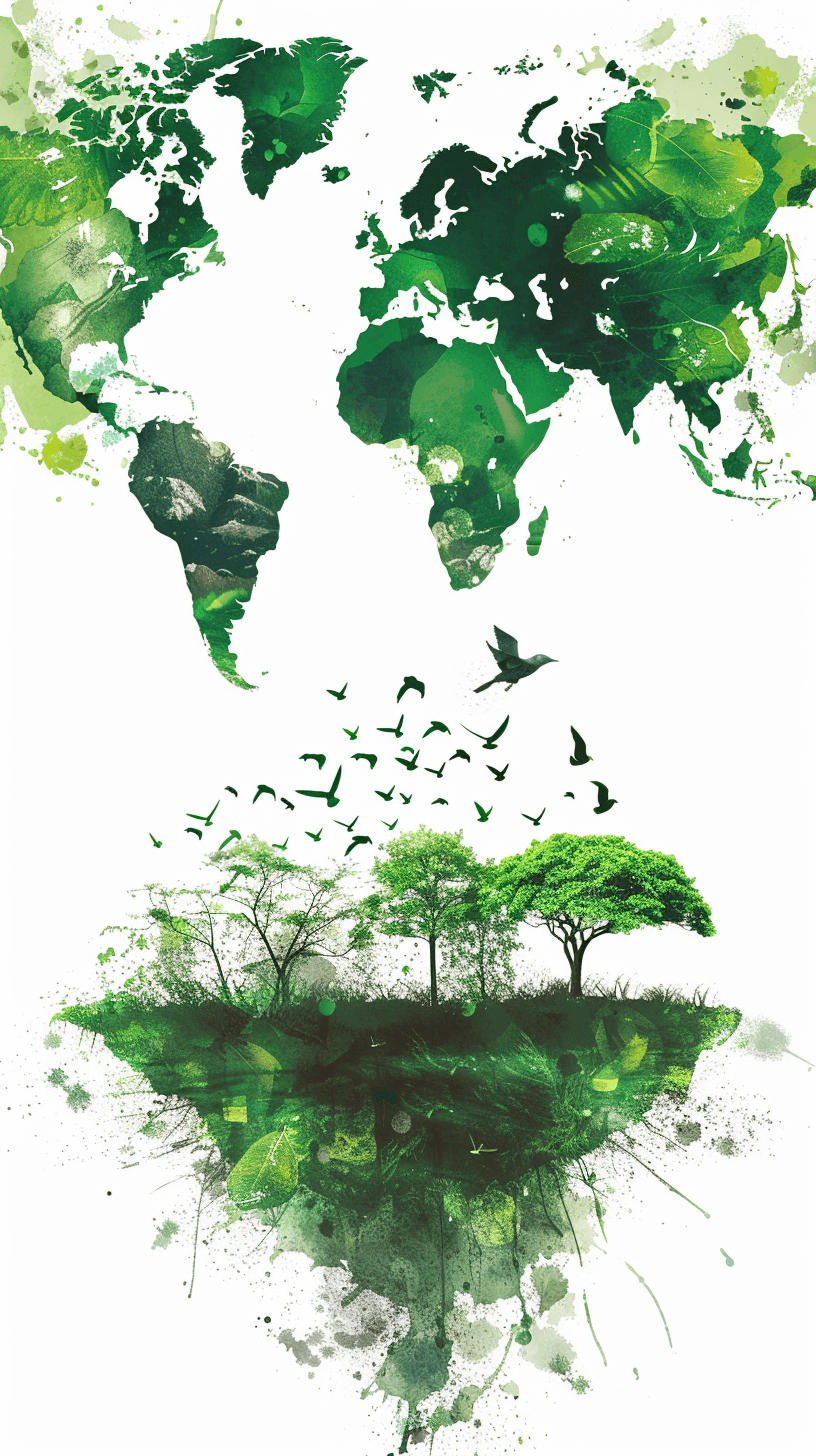 Surreal watercolor illustration of green world map with tree and birds in the center, white background, vector art style, high resolution, professional photography, natural lighting, HDR