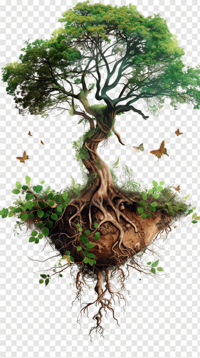 Surrealistic tree with roots and birds flying around, transparent background, png format. The top of the crown is lush green leaves, and there's an opening in it that you can see into. At its base lies earth with small plants growing from it. In between these two parts of vegetation intertwine as if they were intertwined like vines or branches. There’s also some foliage at bottom left corner of figure.